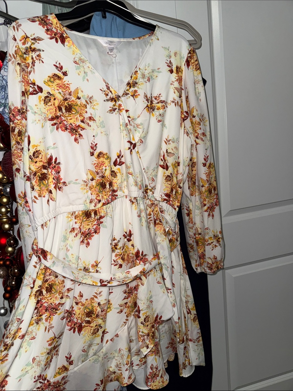 LC Lauren Conrad Cream Floral Wrap Long Sleeve Dress with Mustard Accents